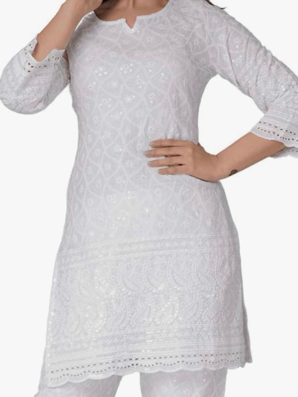 JG White Embroidered Cotton Tunic Top  Eyelet Sequins Kurta Large / XL / XXL